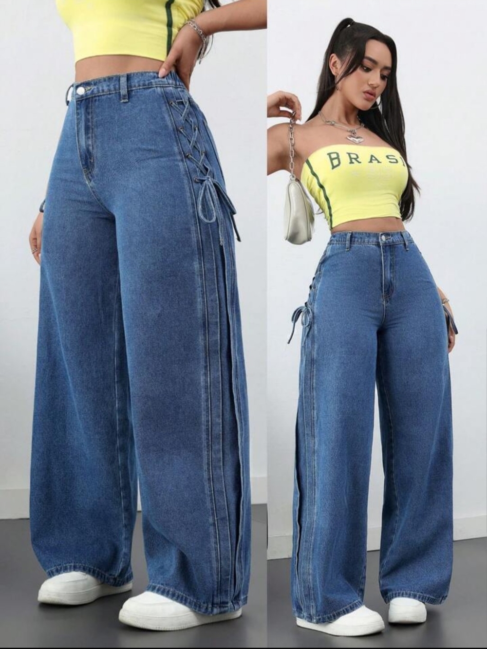 Lace-Up Wide Leg Blue Denim Jeans